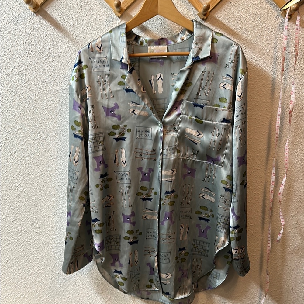 VTG unique Yoga retreat graphic satin button up shirt